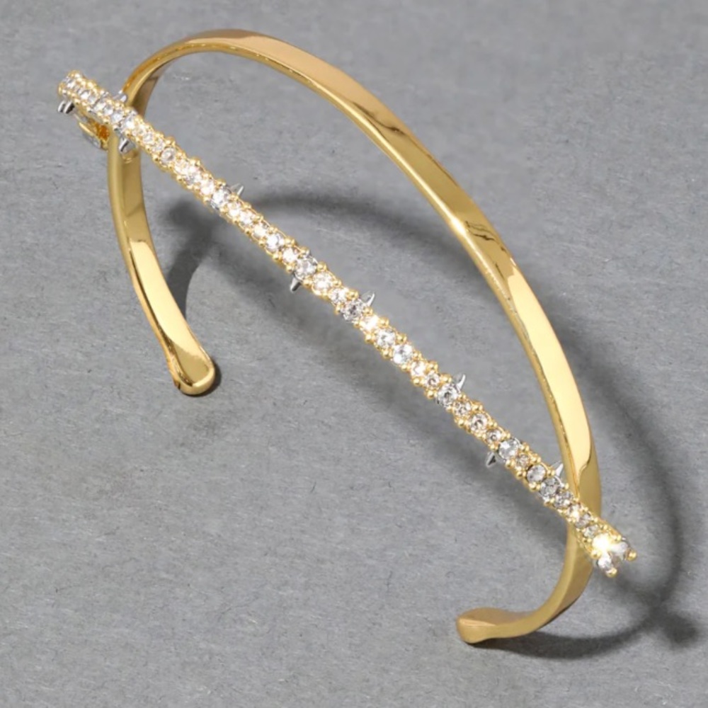 Alexis Bittar Gold Pavé Crystal Orbiting Curved Bar Hinged Split Double Bracelet